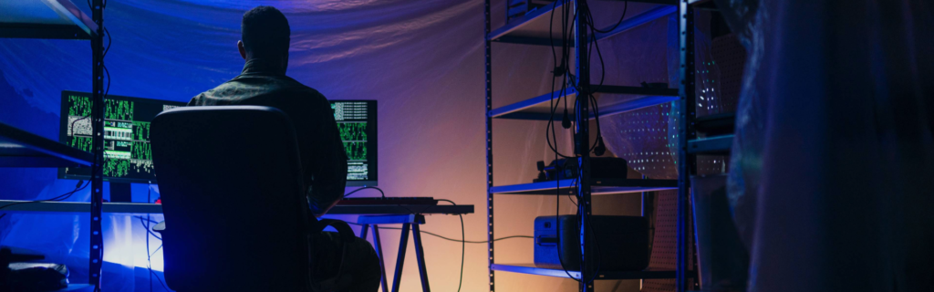 man sitting in front of screens in a dark C&C central